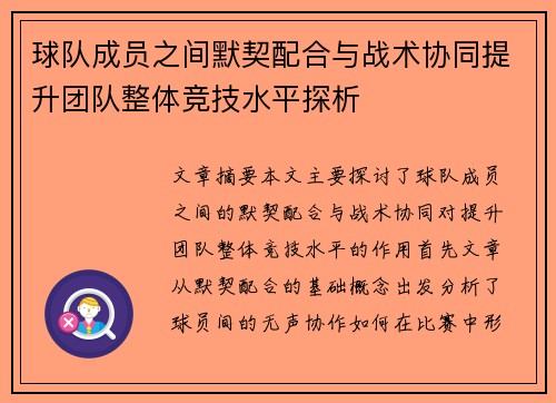 球队成员之间默契配合与战术协同提升团队整体竞技水平探析